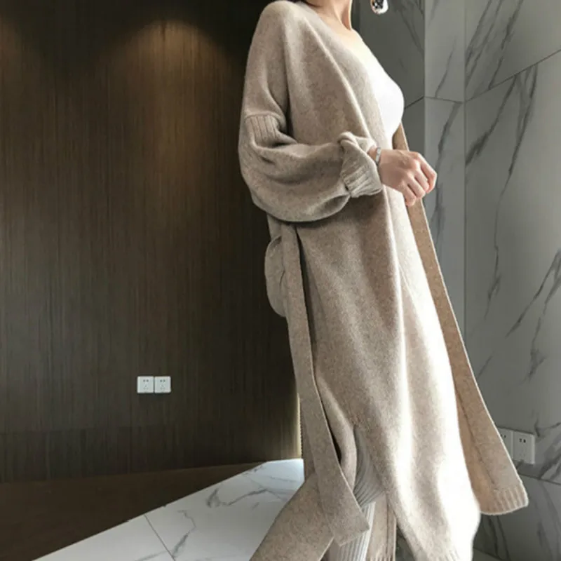 2021 Women Autumn Winter Long Cashmere Knitted Cardigan Sweater Sashes Open Stitch Oatmeal Color Split Hem Crochet Outerwear |
