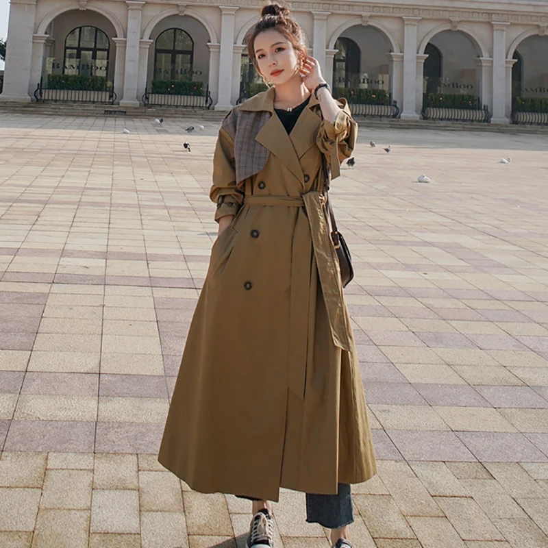 

Ветровка женская в клетку, длинная однобортная Свободная куртка цвета хаки с подкладкой, с воротником с лацканами, в Корейском стиле, 56, 2021