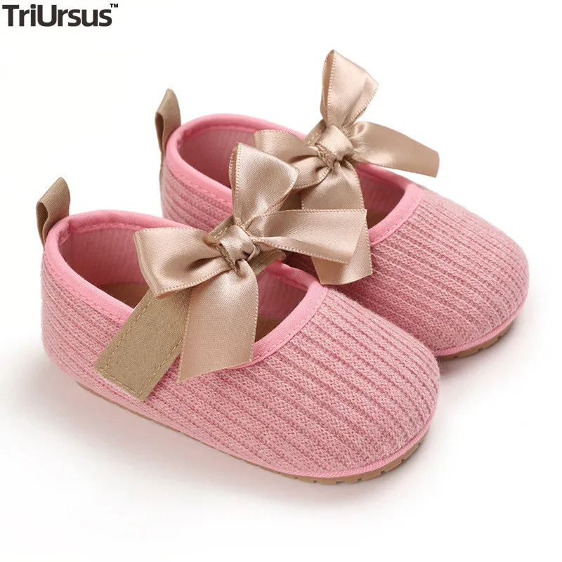 

Baby Girl Princess Shoes 2021 New Fashion Knitted Fabric First Walkers Bowknot Infant Newborn Baby Girl Pink Shoes For 1 Year
