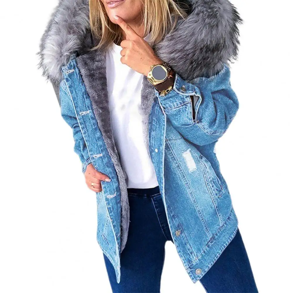 

Fashion Denim Coat Women Hooded Plush Lady Slim Mid-length Jacket Women for Daily Wear Winter Clothes Women