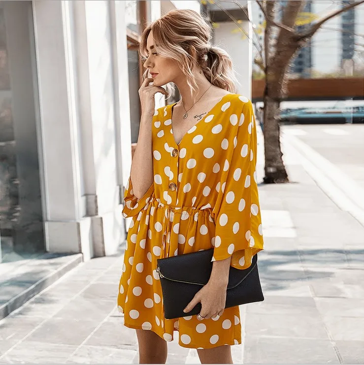 

2020 New French Retro Wave Point Deep V Neck Casual Beach Dresses Flare Sleeve Womens Linen Mini Warp Dress