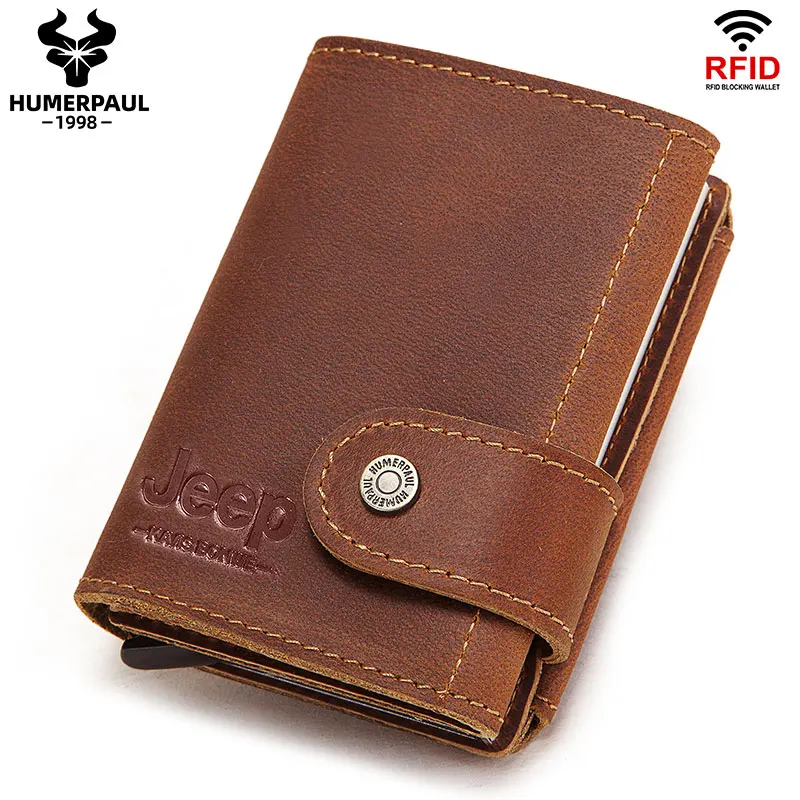 

Crazy Horse Leather Credit Card Holder Wallet Men Bussiness Metal RFID Aluminium Bag Automatically Pop Up Bank Cardholder Case