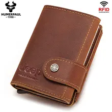 Crazy Horse Leather Credit Card Holder Wallet Men Bussiness Metal RFID Aluminium Bag Automatically Pop Up Bank Cardholder Case