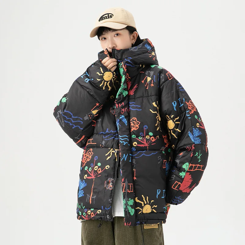 

Winter Padded Hooded Jackets Men Cartoon Graffiti Print Padded Jackets Harajuku Casual Oversized Coat Outwear Couples Streetwear