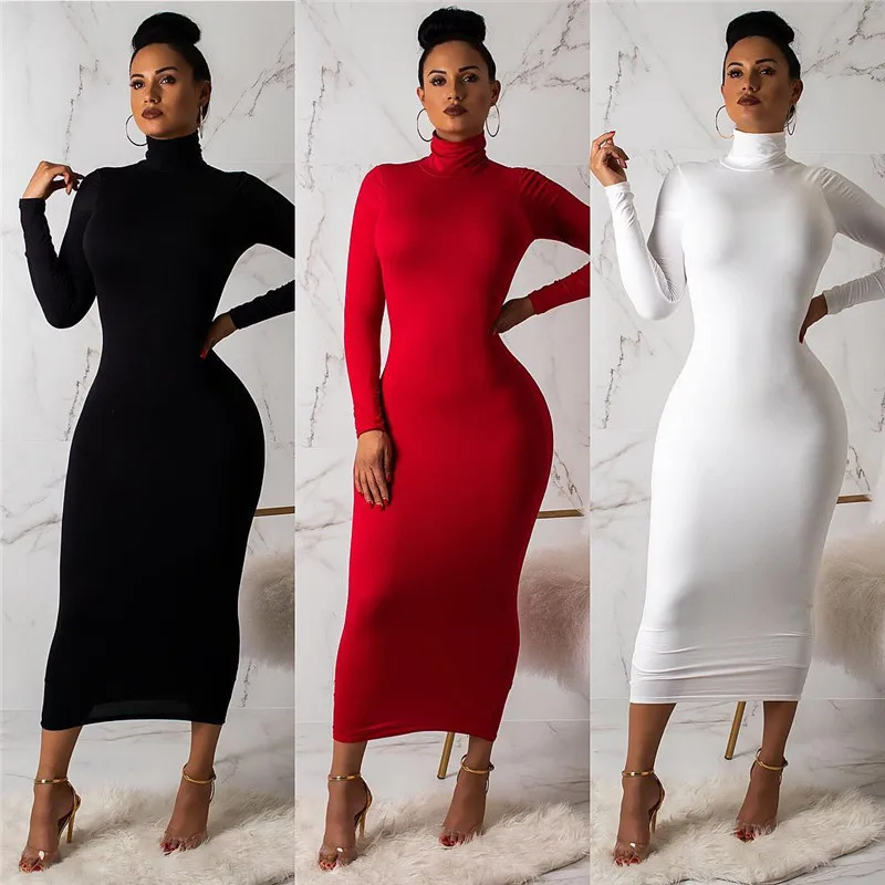

European and American dresses autumn new long dress sexy turtleneck dress large size slim package hip skirtAutumn new long dress