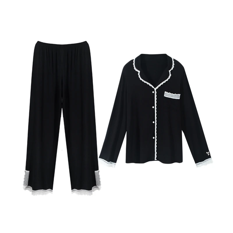

Women Pajama Sets Lace Patchwork Loose Casual Simple Elegant Sleepwear Female Korean Style Ins Chic Single Breasted Fashion Soft
