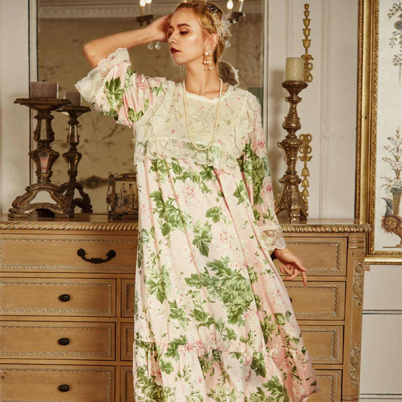 

NEW2021 Nightgown Women Nightdress Long sleeve Sleepwear Romantic Nightgown Printing Satin