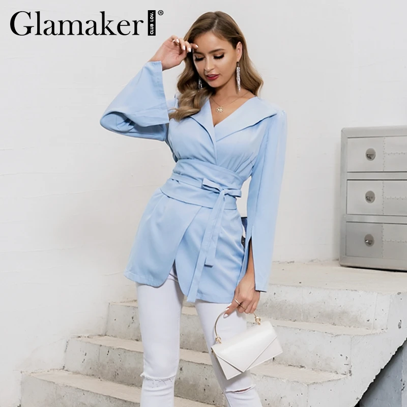 Glamaker, сексуальный, с разрезом, рукав, тонкий, длинный, Блейзер, куртка, для женщин, на шнуровке, пояс, синий, блейзер, платье для женщин, v-образный вырез, Элегантная куртка, Женское пальто