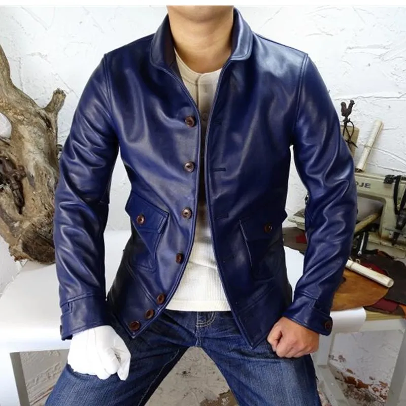Мужская однобортная куртка из натуральной воловьей кожи в американском стиле