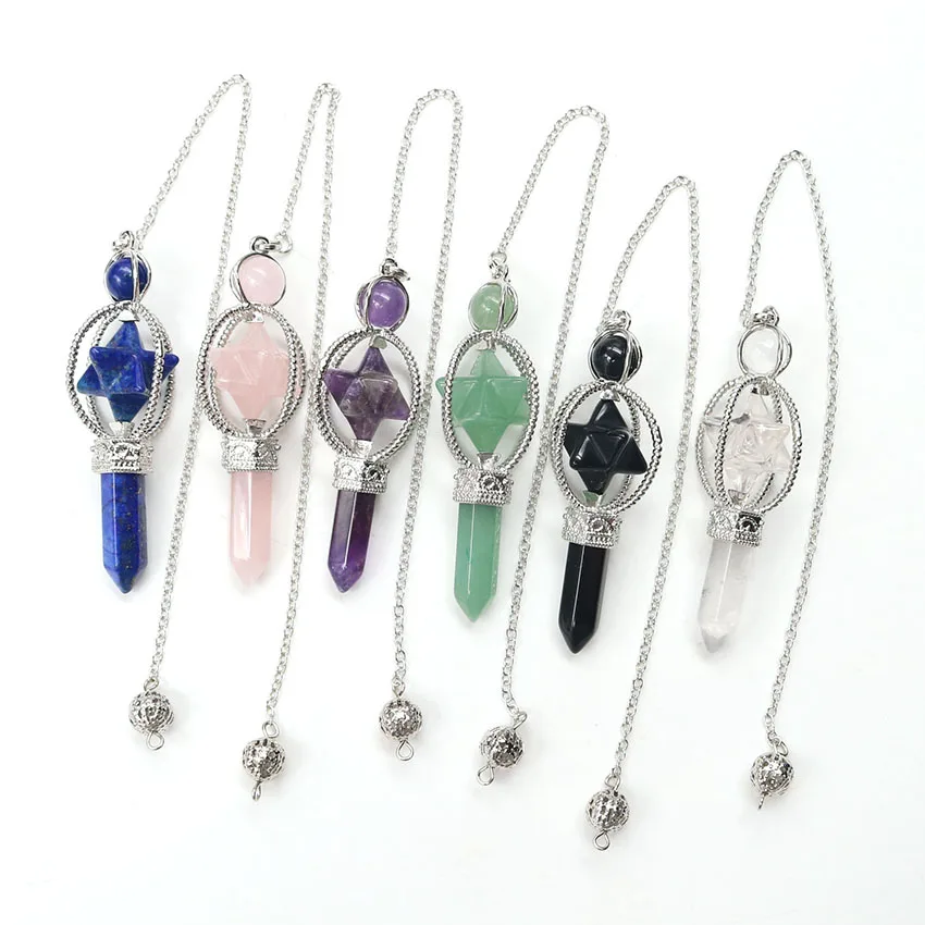 

XSM Wholesale 10 Pcs Small Merkaba Pendulum Pendants Reiki Healing Balancing Natural Stones Round Bead Hexagon Pillar Scepter