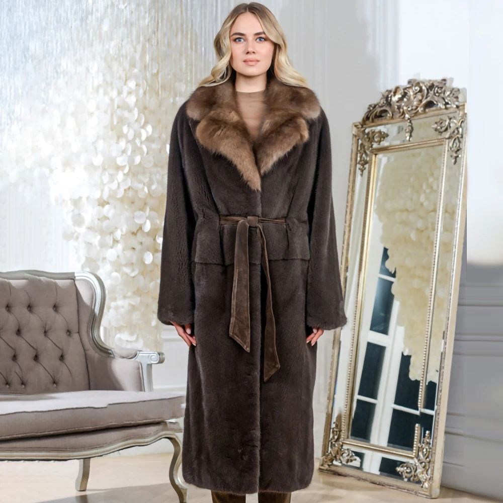 TOPFUR Mink Coat Female Whole Mink Long Hooded Fox Hat Collar Belt Imported Mink Fur Coat Real Fur Parka
