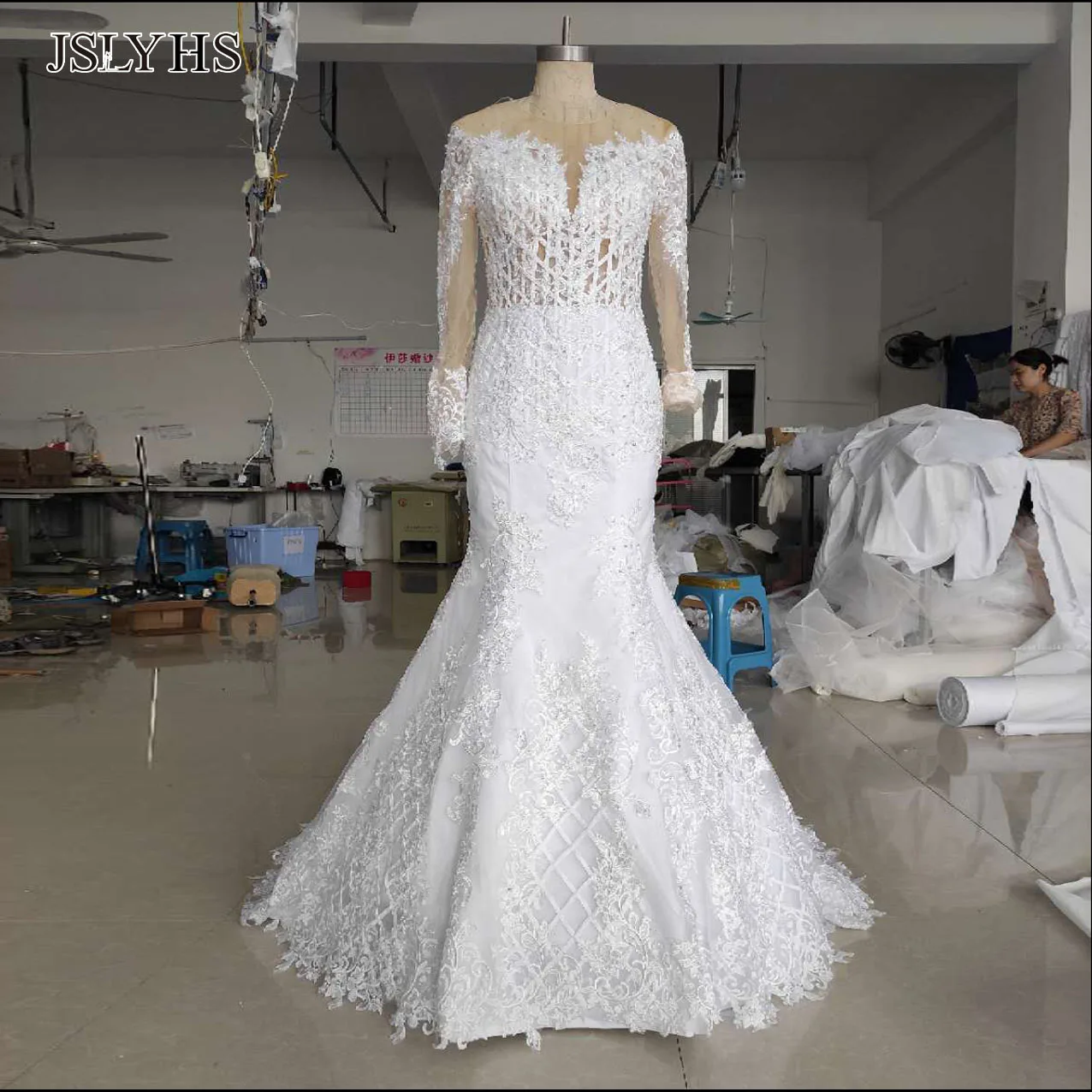 Jslyhs新しい高級レース色ネットマーメイドウェディングドレスラウンドネック長袖パール装飾の花嫁衣装ローブデのみ Isuka 가게