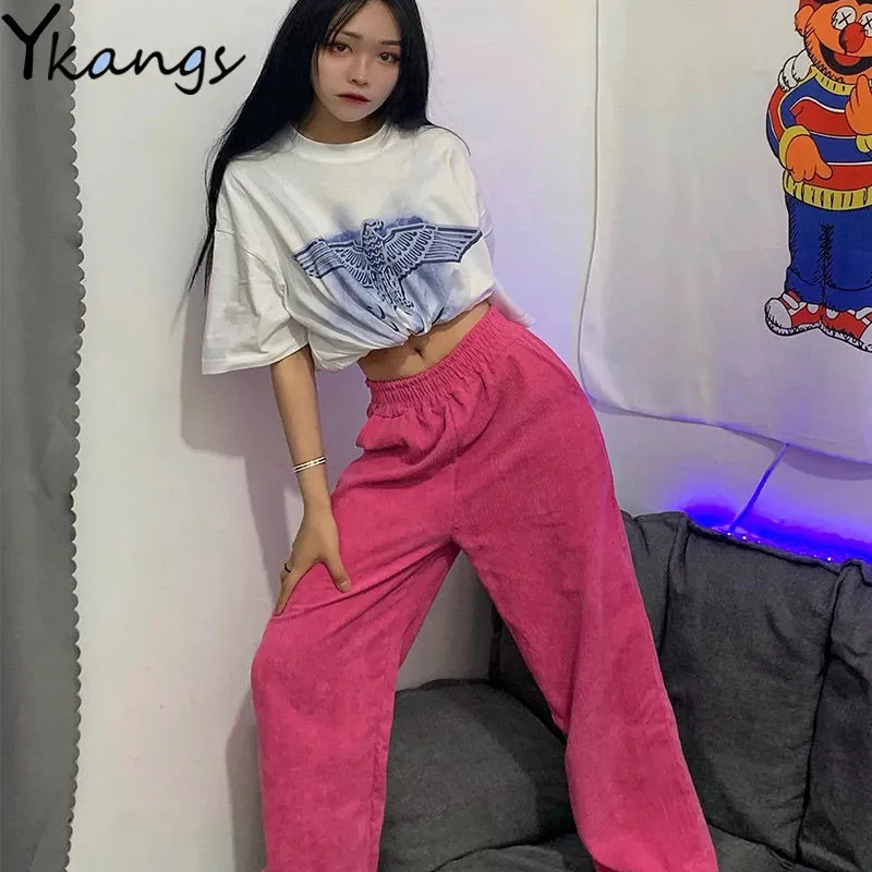 

plus size Wide Leg Pants Women Corduroy Retro High Waist Full Length Lady Trousers Pockets Streetwear 2020 Female joggers pants