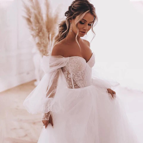 Off the Shoulder Appliques Pleats Bubble Sleeve Detachable Bridal Dress Polka Dot A Line Boho Wedding Dresses vestidos de novia