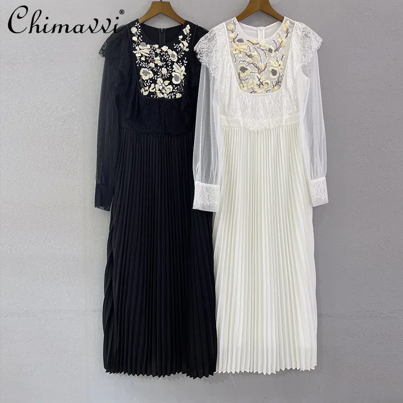 

2021 Autumn New Women Vintage Embroidery Stitching Ruffle Lace Ankle-length Dress Ladies Fashion Solid Color Long-Sleeved Dress