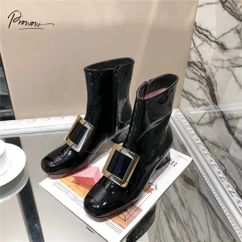 

Prowow Fashion Crystal Black Genuine Leather Boots Round Toe Side zip Thick Mid Heel Women Autumn Winter Ankle Boots Shoes Woman