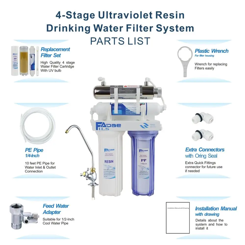 High Quality! 4-Stage Undersink Softener Drinking Water Filtration System with ultraviolet sterilizer -Kitchen use | Бытовая техника