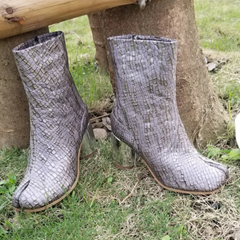 2019 Split Toe Ankle Boots Woman Black Red White Cow Leather Chunky High Heels Fashion Short | Обувь