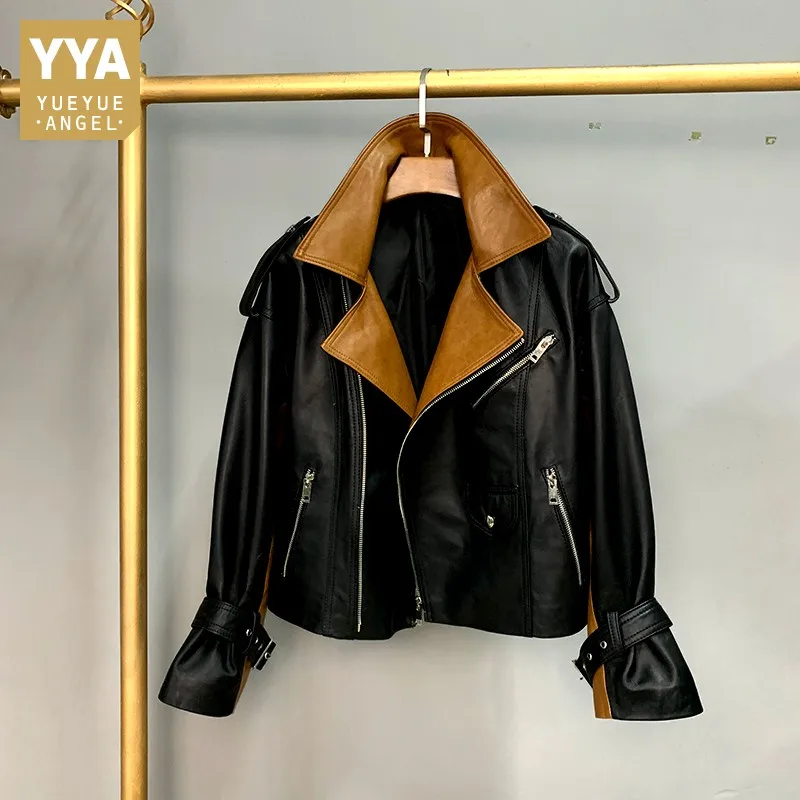 

Женская байкерская куртка из овечьей кожи, дизайнерская короткая офисная куртка смешанных цветов на молнии с длинным рукавом, верхняя одежда