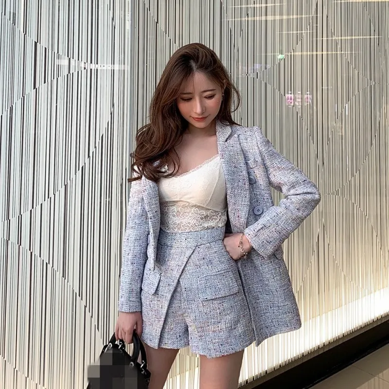 Qualities Boy Friend Vintage Womens Tweed 2Pcs Outfits Double Breasted Lapel Asymmetrical Blazer High Waist Chic Hem Hot Shorts |