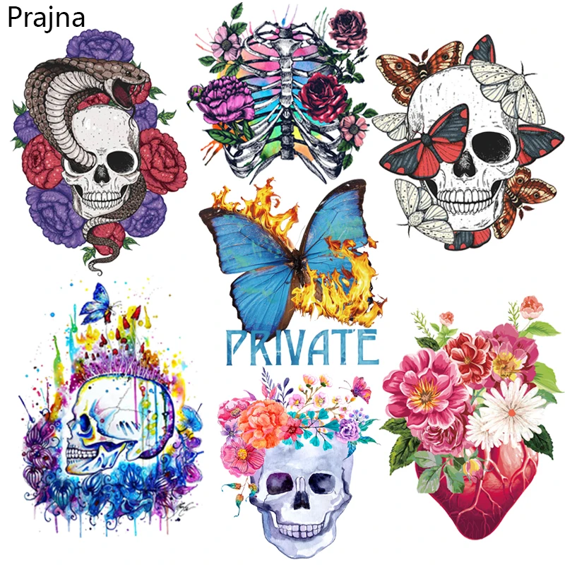 

Punk Skull Flowers Heat Thermal Transfer For Clothing Heart Butterfly Iron-on Transfers For Jackets Clothes Washable Stickers