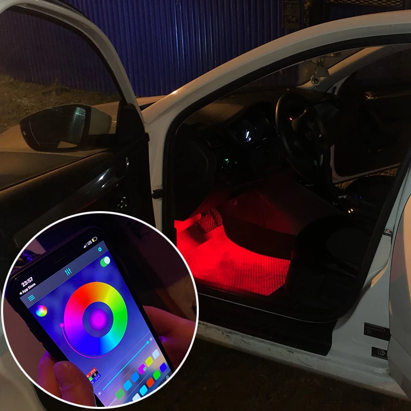 

LED Car Foot Ambient Lighting With USB Cigarette Lighter Backlit Music Light Fiber Optic Wireless Threadless Application Control