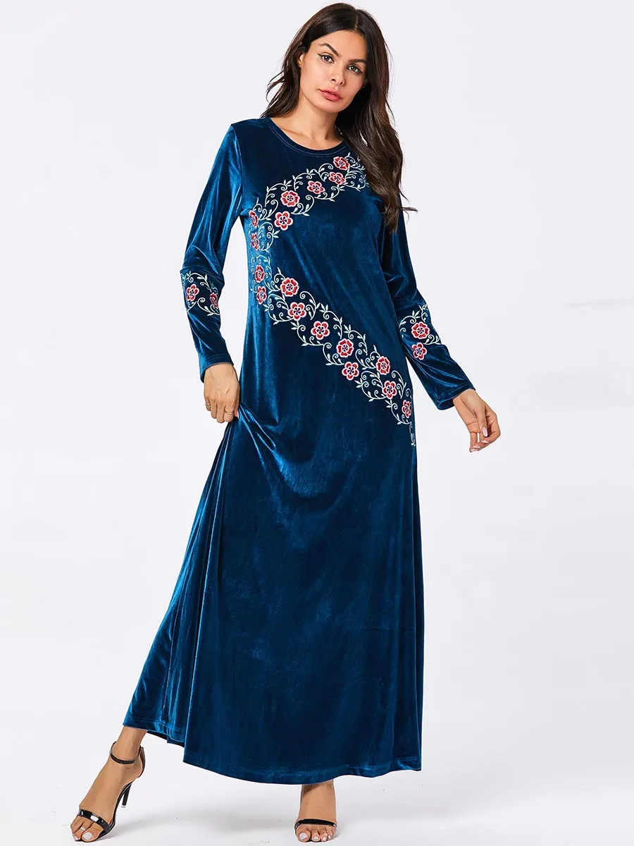 

Elegant Velvet Muslim Dress Women Embroidery Floral Big Swing A-line Maxi Dress Kimono Long Robe Abaya Dresses Islamic Clothing