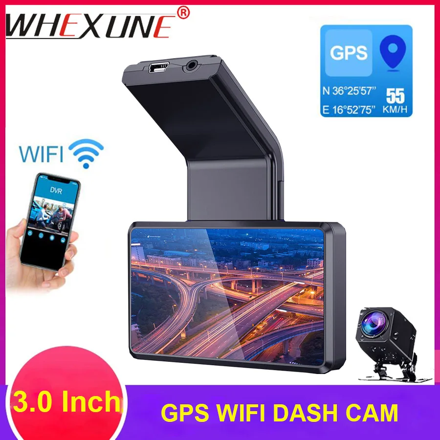 

WHEXUNE DVR 3.0" GPS Car DVR Camera Dual Lens Dash Cam Full HD 1080P WIFI Car Camera Recorder 150 Degree Night Vision G-sensor