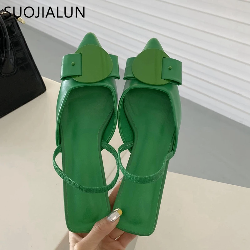 SUOJIALUN 2022 Spring Women Slingback Sandals Fashion Bow-knot Buckle Ladies Pumps Shoes Thin Low Heel Pointed Toe Slip On Mules