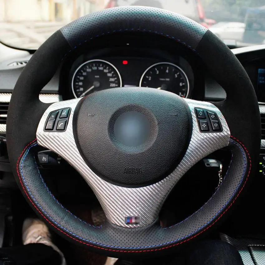 

Black Genuine Leather Black Suede Car Steering Wheel Cover for BMW E90 320i 325i