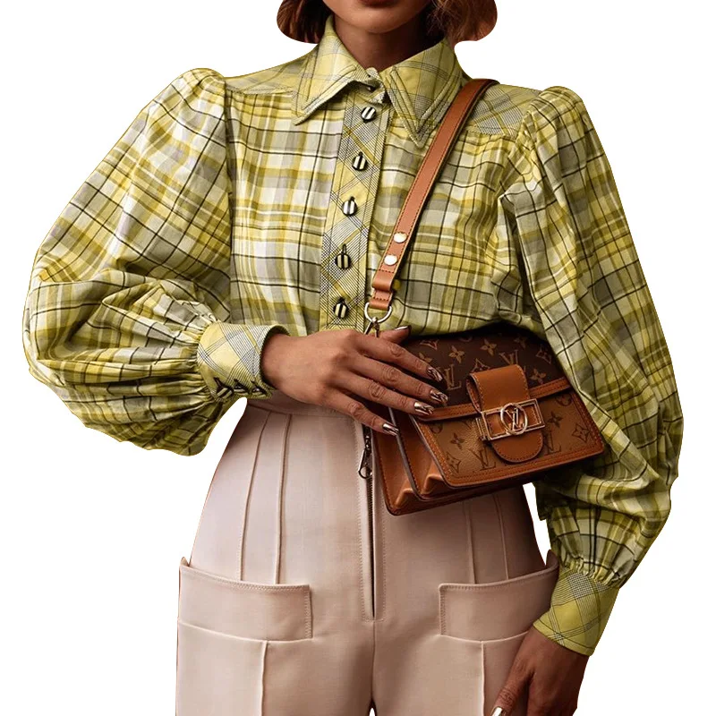 

2020 Autumn Women Fashion Retro Trendy Plaid Shirts Casual Blouse Long Sleeve Button Down Lapel Tops for Shopping Daily Wear