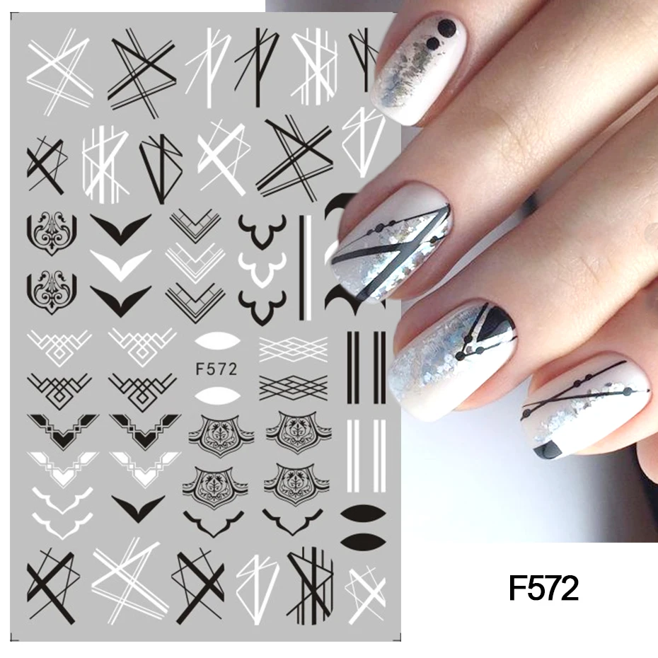 1 шт. геометрические слайдеры 3D наклейки для ногтей черно-белые треугольные линии