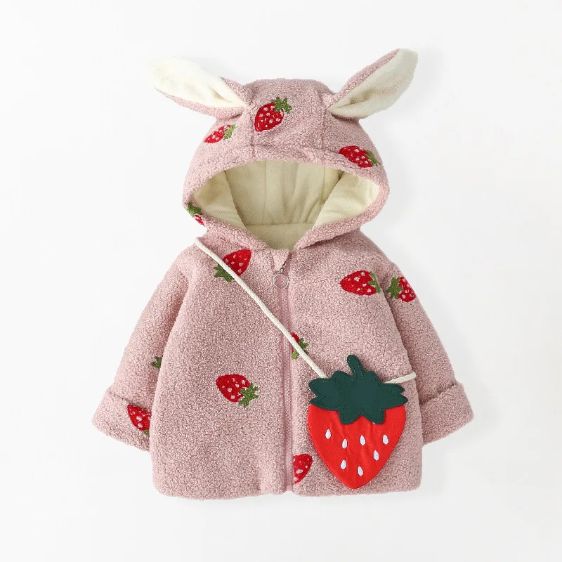 Pink Straberry Зимняя теплая куртка принцессы с капюшоном и милыми заячьими ушками для маленьких девочек; вечерние пальто; теплая верхняя одежда для детей; casaco roupas de bebe - Цвет: Pink Straberry