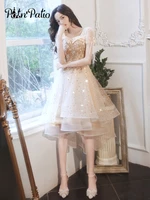 champagne high low birthday party gowns elegant appliques tiered tulle backless homecoming dresses with shot sleeves