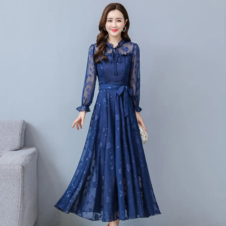 

Korean version of large-size lotus leaf collar long-sleeved jacquifier chiffon dress temperament big swing long dress girl