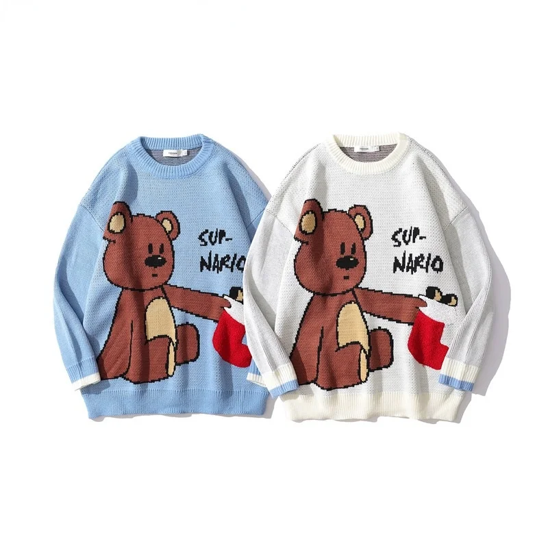 

2021 Autumn Men Long Sleeve Sweater Cartoon Bear O-Neck Casual Knitted Shirt Women Blouse Pullover Oversize Couple Wear