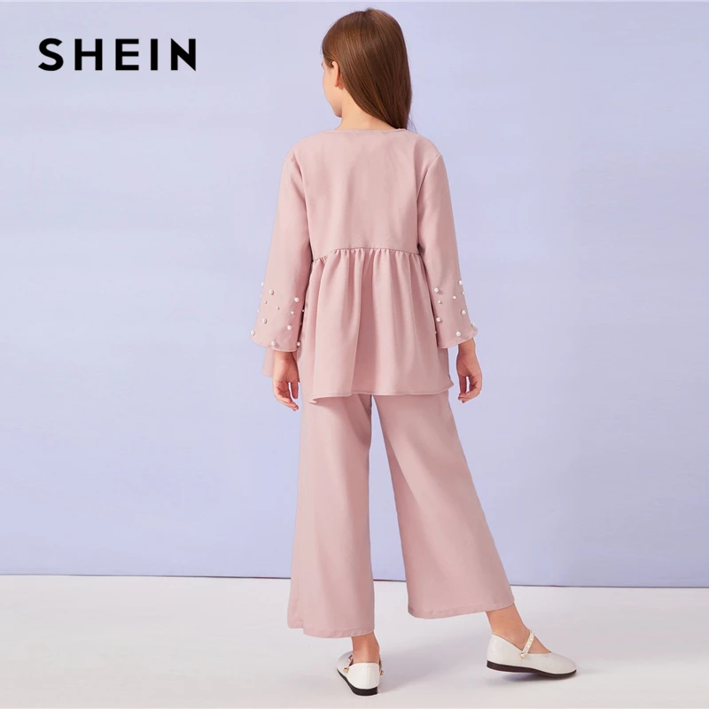 SHEIN Kiddie/розовое пальто с манжетами и широкими штанинами для девочек, комплект детской одежды г., Осенний повседневный костюм с длинными рукавами и оборками