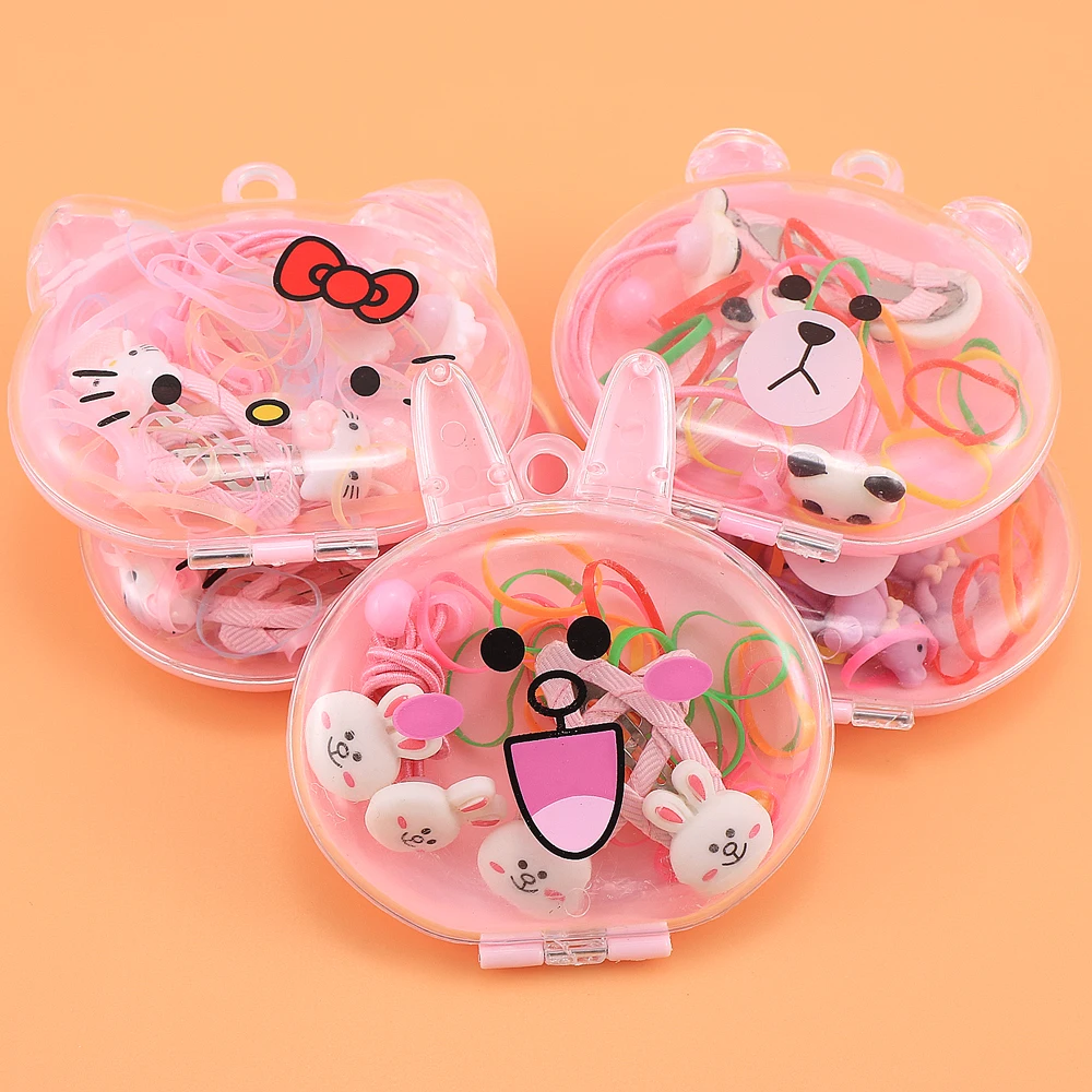 Милые детские аксессуары для волос hello kitty для девочек, детские заколки для волос с медвежонком и кроликом, эластичные резинки для волос с коробкой для хранения