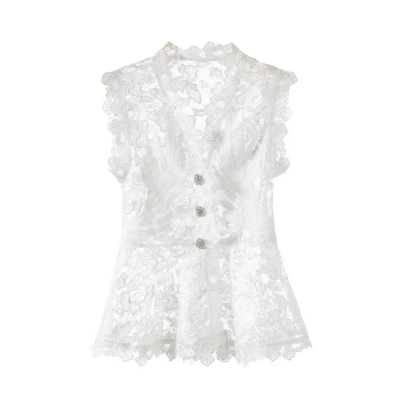 High Quality Diamonds Button Embroidery Lace Womens Top Shirts Fashion V-Neck See Through Slim Fit Ladies Sleeveless Vest Blouse | Женская