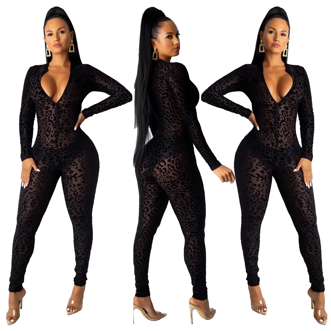 

Bl Fashion Sexy Gauze Flocking Leopard-print Long Sleeve Perspective Spot one piece Evening playsuit Elegant Turtle Neck Women