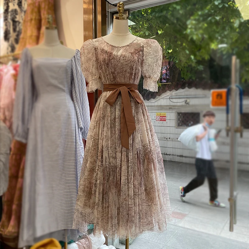 

2021 Summer Mesh Women Dress O-Neck Sashes Floral Print Ladylike Short Sleeve Midi Dresses