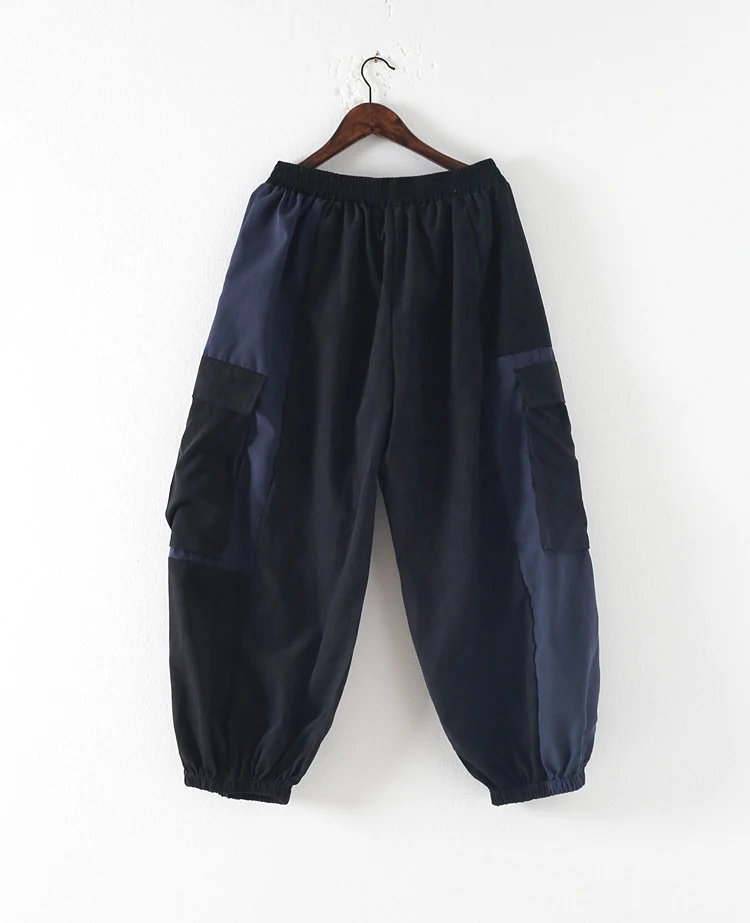 Blue Pants Johnature, женские винтажные лоскутные Футболки с поясом, осень, новая мода, Необычные Свободные женские футболки, повседневные футболки - Цвет: Blue Pants