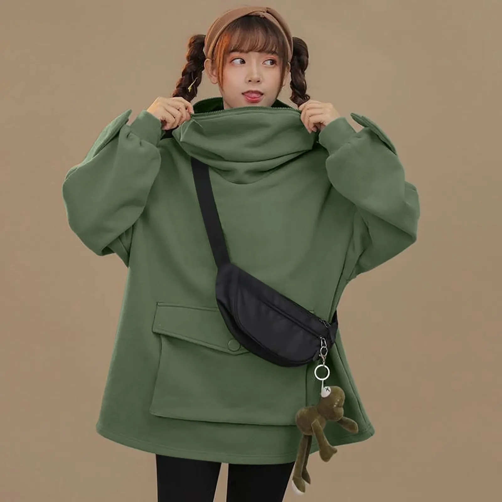 

Women Autumn Thick Loose Oversize Sweatshirt Harajuku Cute Frog Pullover Pocket Hoodies Female Thicken Pullover Sweatshirts