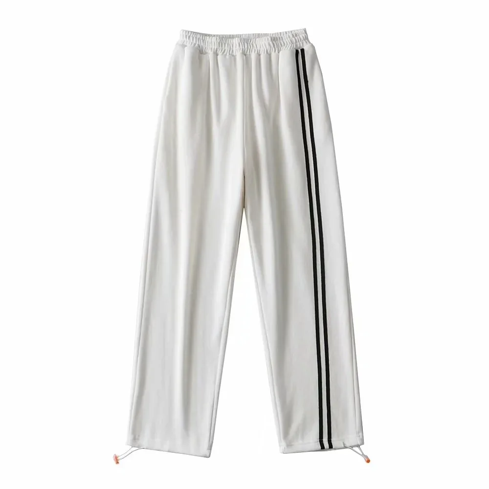 

21 Spring/Summer European and American Women's Clothing Loose Wide Leg Striped Ankle-Tied Sweatpants Sports Pants Mop Trousers
