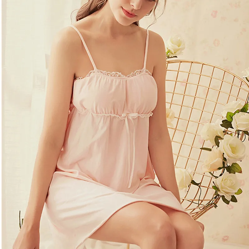 

Sweet Princess Sexy Lace Spaghetti Strap Cotton Women Mini Nightgown Lovely Female Nightdress Indoor Clothing Home Dress AD210