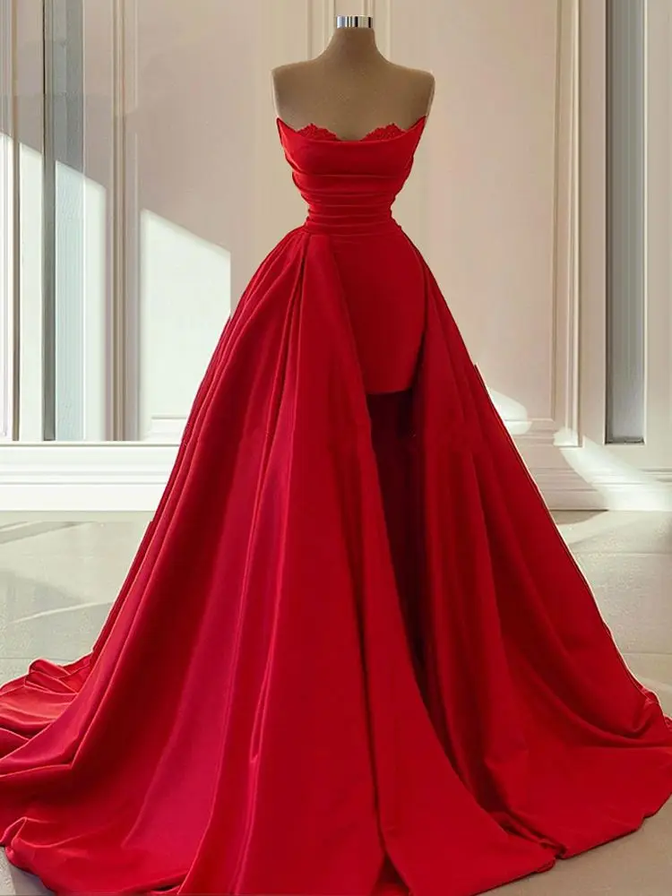 

Elegant Dubai Formal Party Dresses Long Robe De Soiree African Turkish Red Prom Dress Women Evening Gown Strapless 2021 Arabic