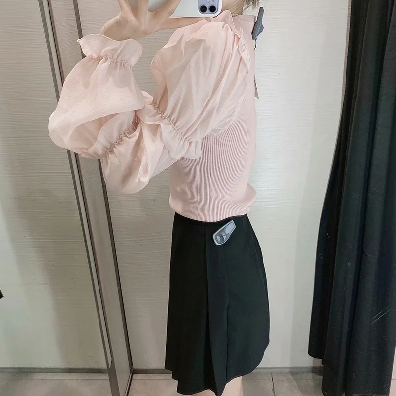 

Fashion Za Women Sweaters 2020 Sweet Solid Organza Knit O-Neck Casual Long Sleeve Loose Knitting Pullover Sweater Jumper Tops
