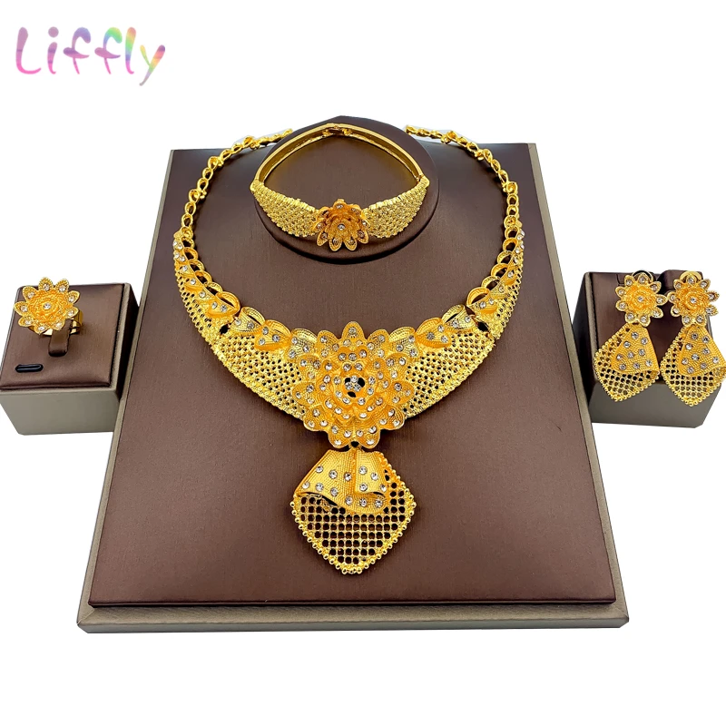 

Liffly Nigeria Wedding Charm Bridal Jewelry Sets Flower Necklace Bracelet Earrings Ring Jewelry Party Fashion Jewelry