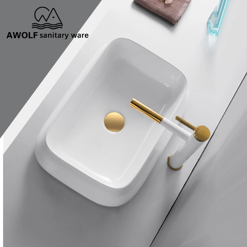 

Ceramic Vessel Washing Basin Bowl Bathroom Sinks White Modern Sink With Gold Pop Up Drain Soft Hose Square Lavatary Sink AM912