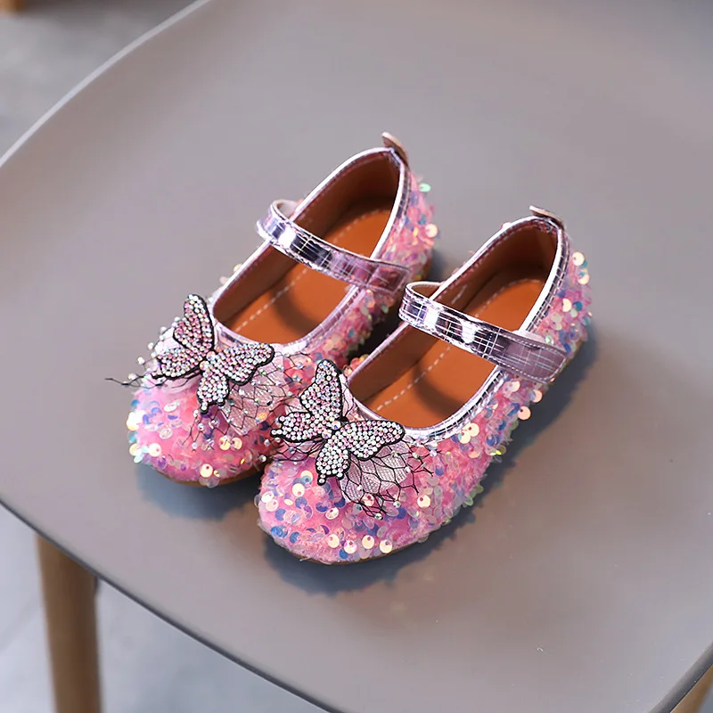 Spring Girls Sequined Bow Leather Shoes New Children Princess Shoes Soft Sole Student Shoes Autumn Kids Flat Single Shoes G562